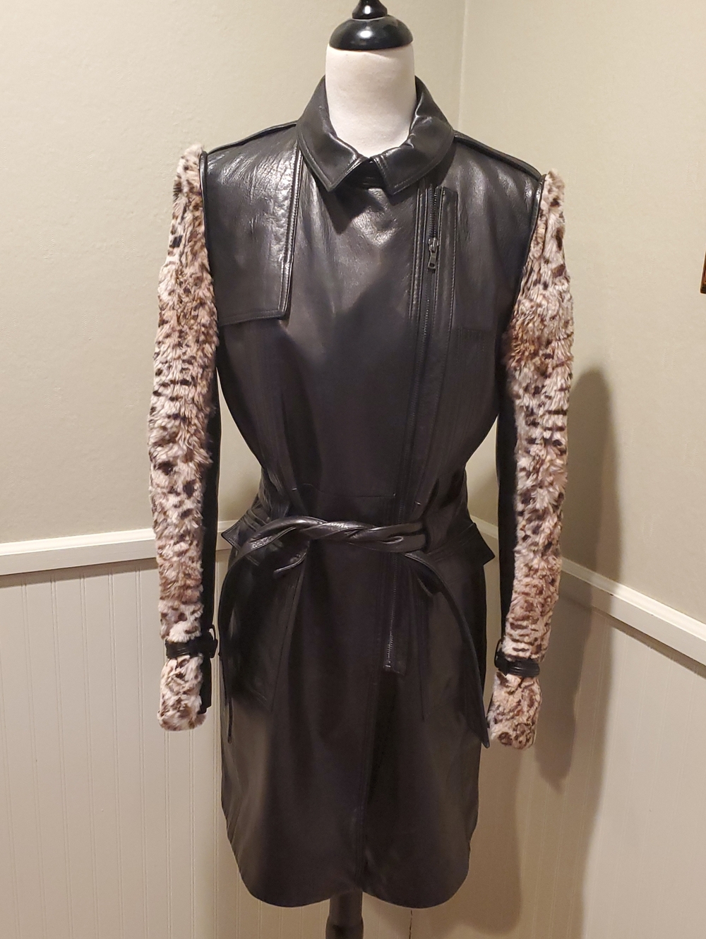 Elie Tahari Leather And Leopard Fur Coat